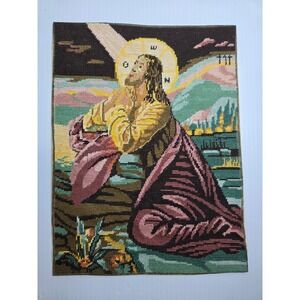 Vintage Needlepoint Tapestry Jesus Christ Religious Wall Hanging Art
